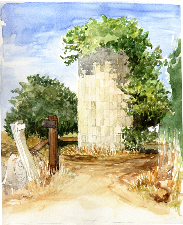watercolor painting of watertower