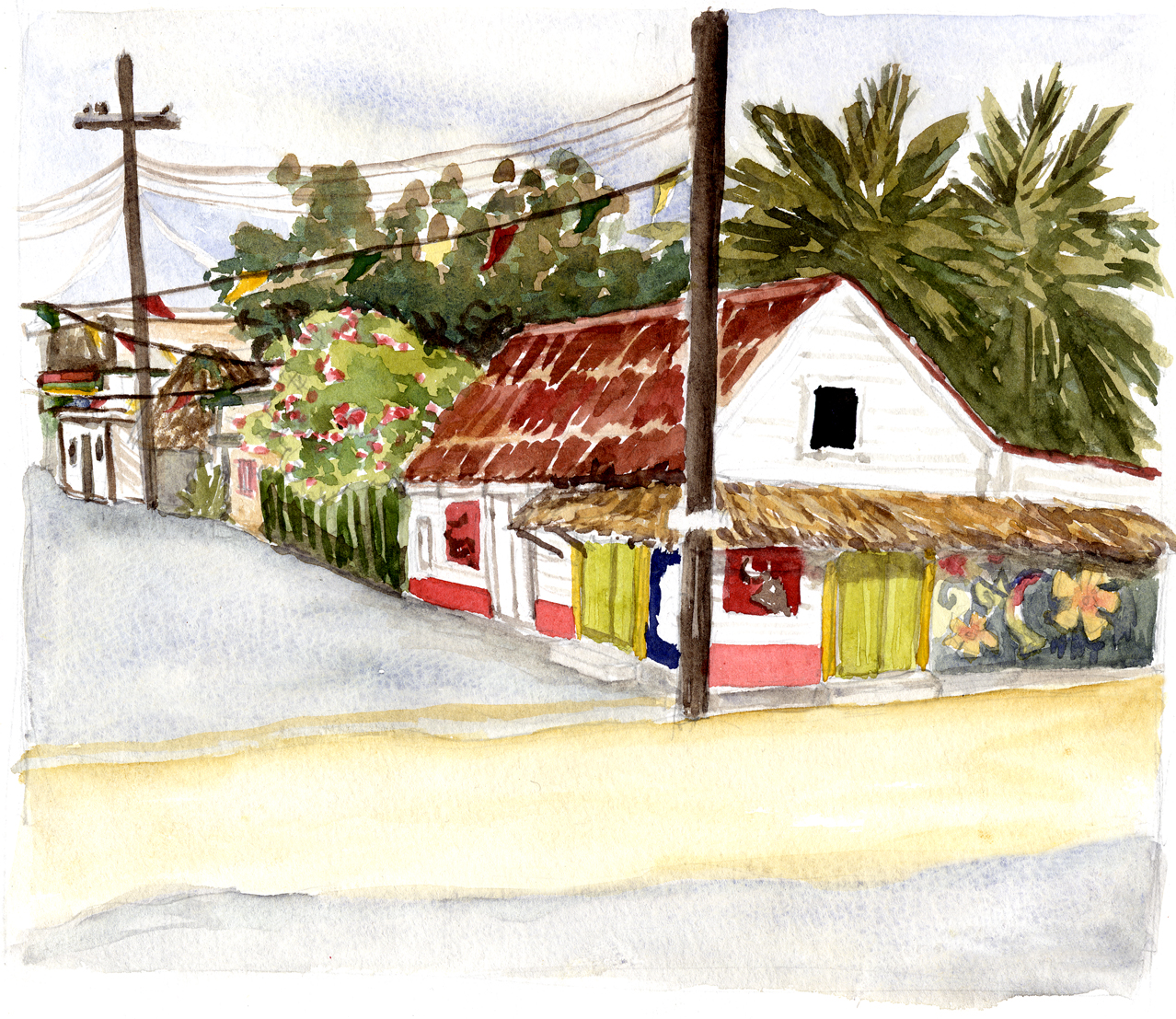 watercolor painting of rural town in mexico